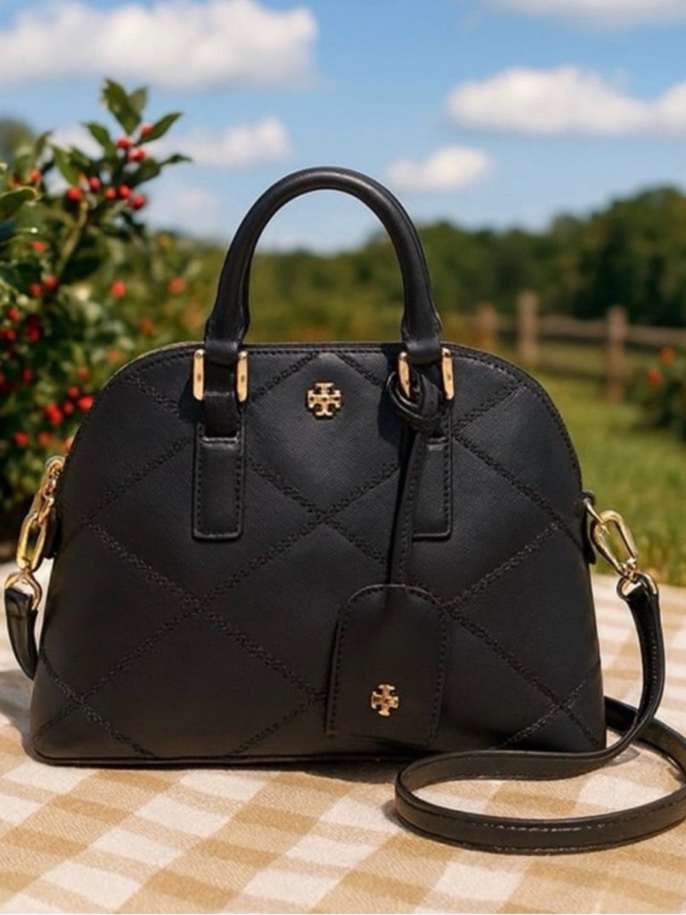Tory Burch Black Quilted Dome Satchel with Gold Hardware